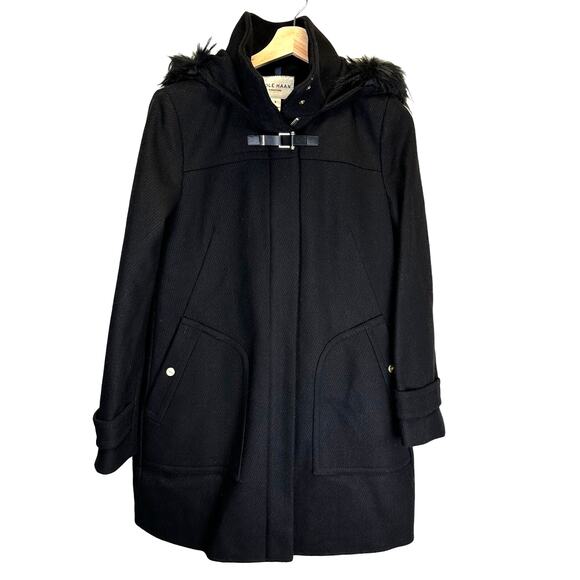 Cole Haan Black Faux Fur Trim Hooded Wool Long Duffle Pea Coat Womens Size 8 - Picture 1 of 16
